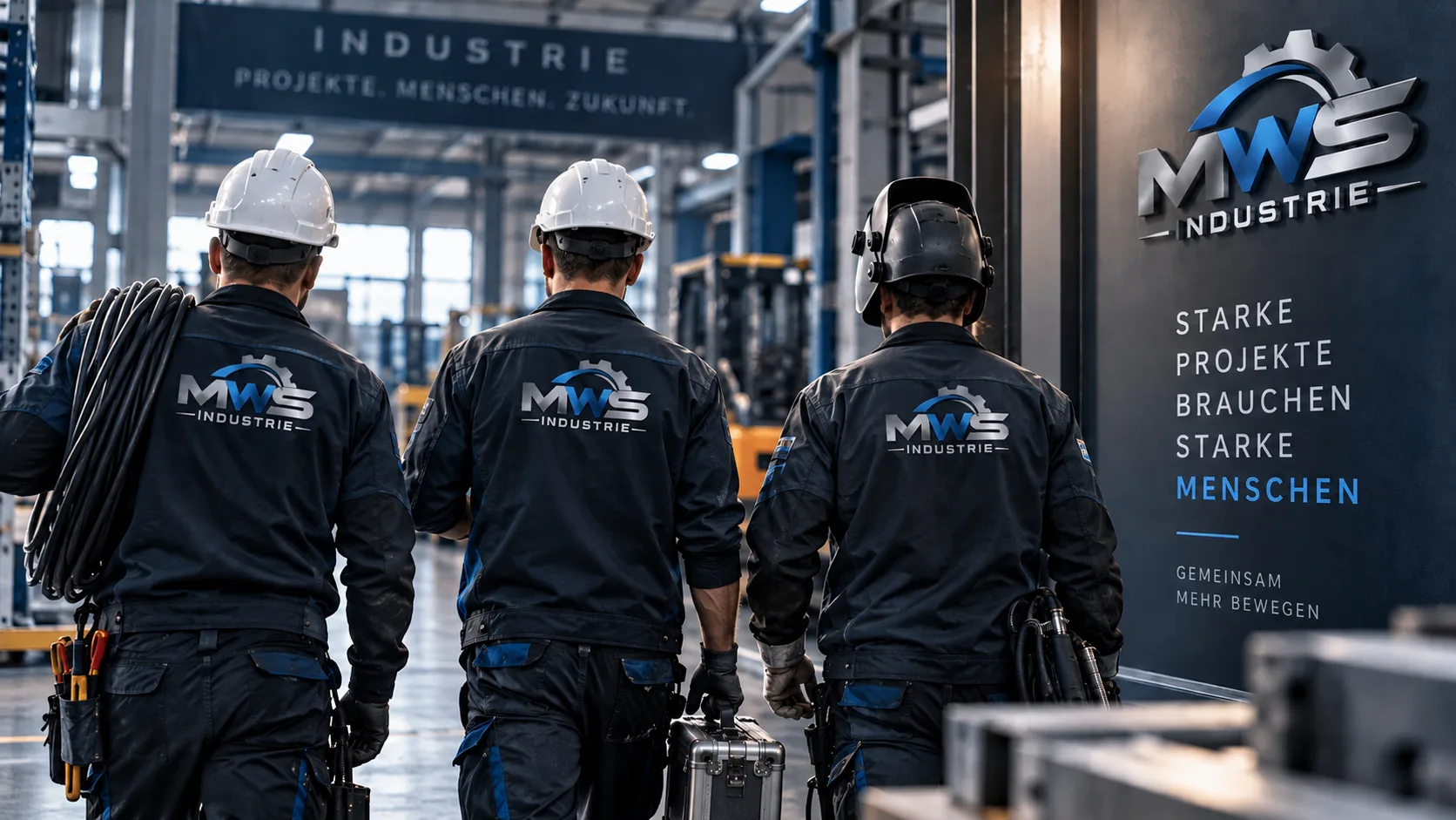 Visualisierung: drei Personen in MWS-Industrie-Arbeitskleidung, von hinten gesehen, in einer Industriehalle